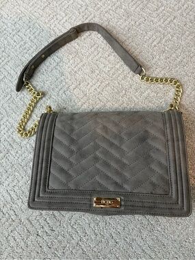 BCBG Gray Quilted Suede Shoulder Bag with Gold Chain